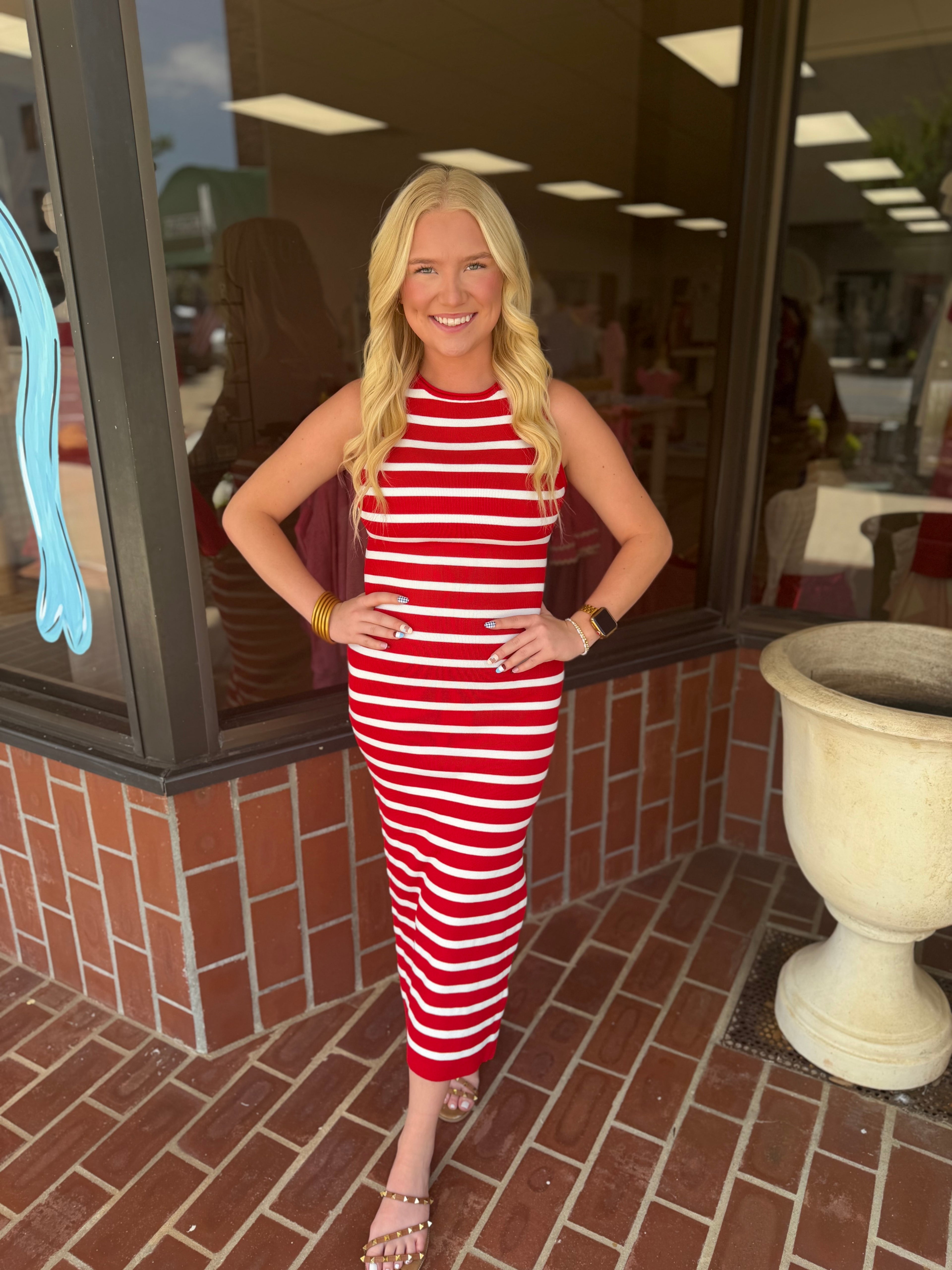 Red Striped Midi Dress