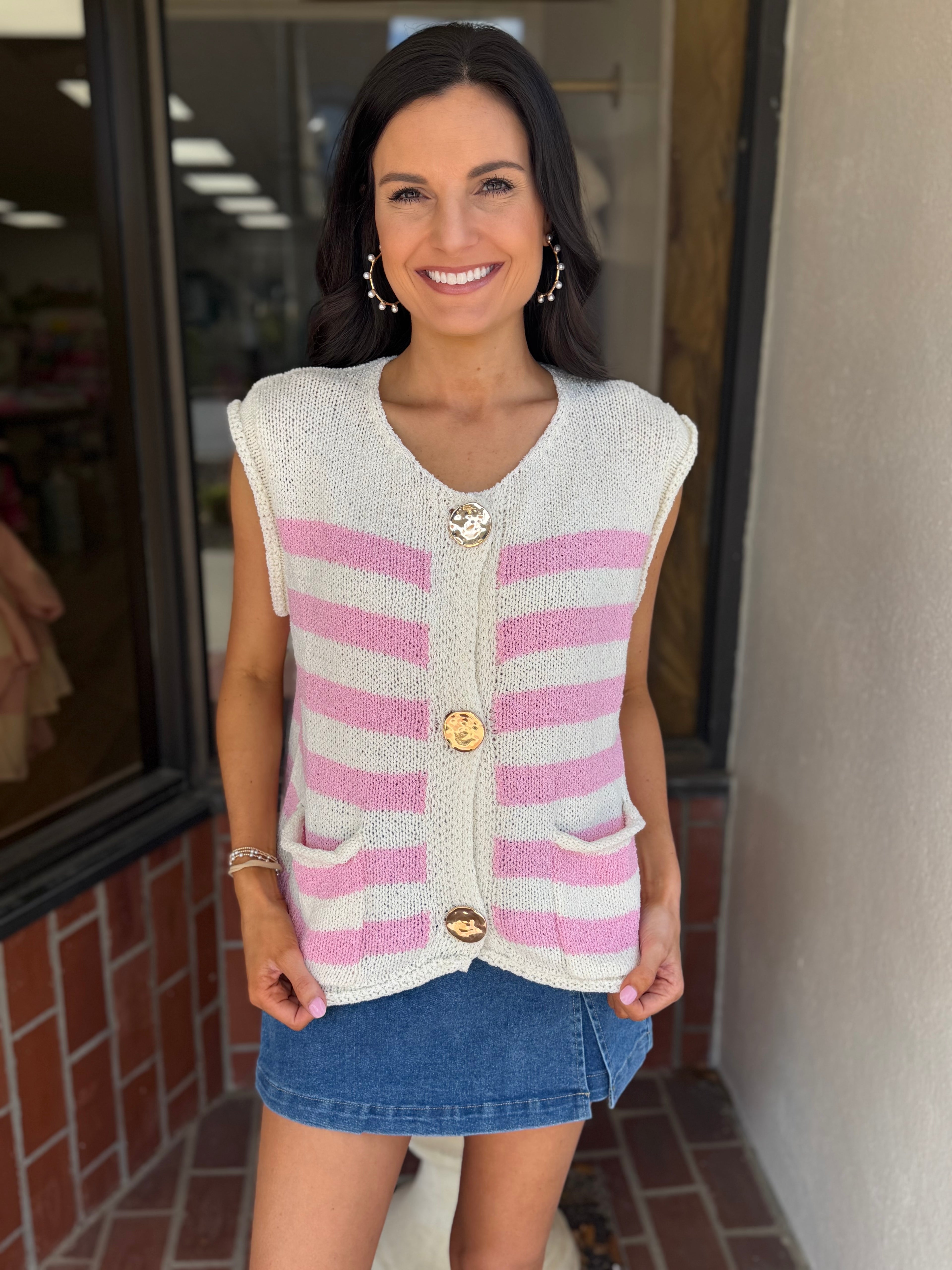 Sleeveless Striped Button Down Knit Sweater Vest