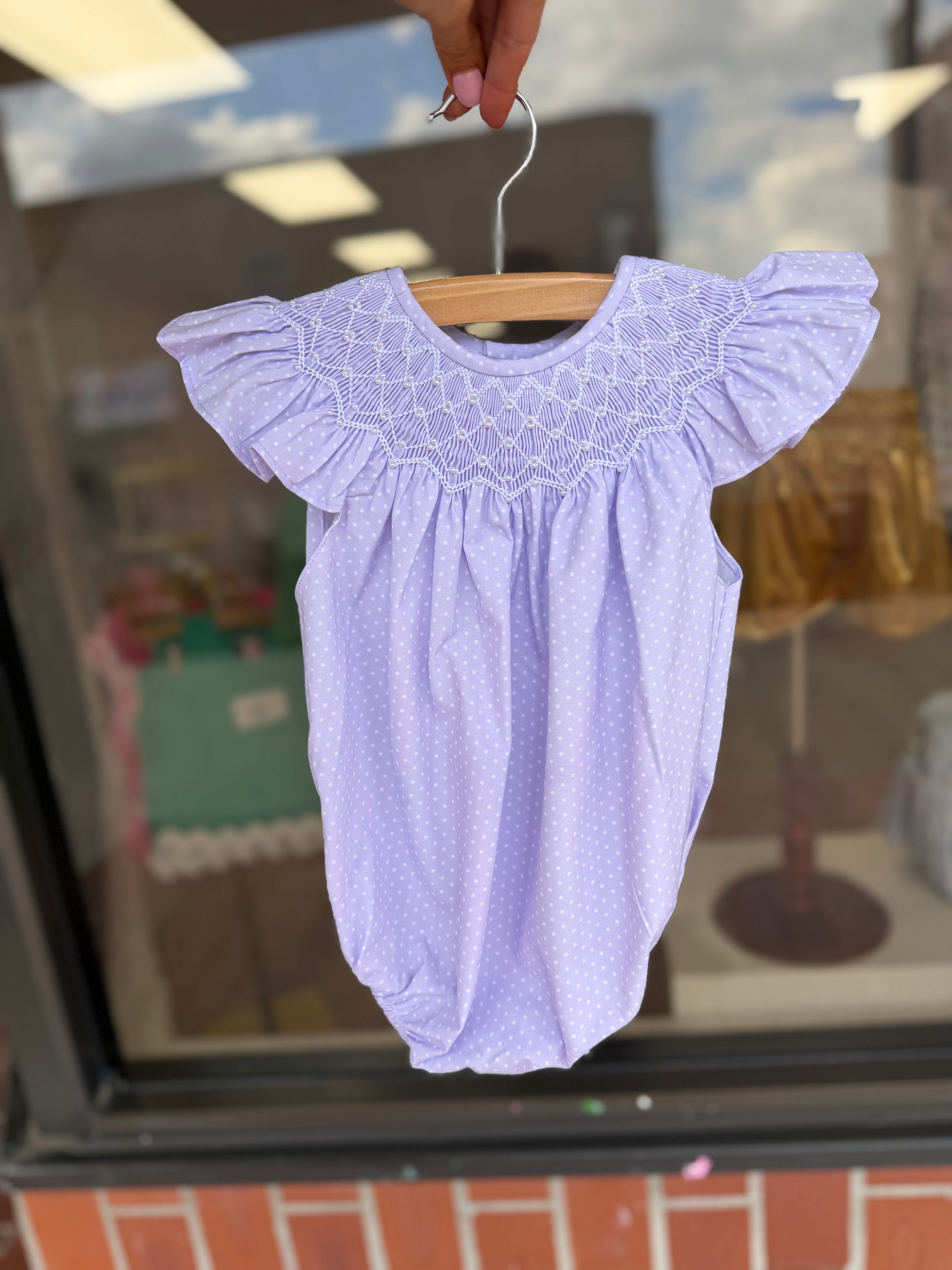 Cathy Purple Polka Dot Pearl Smocked Bubble