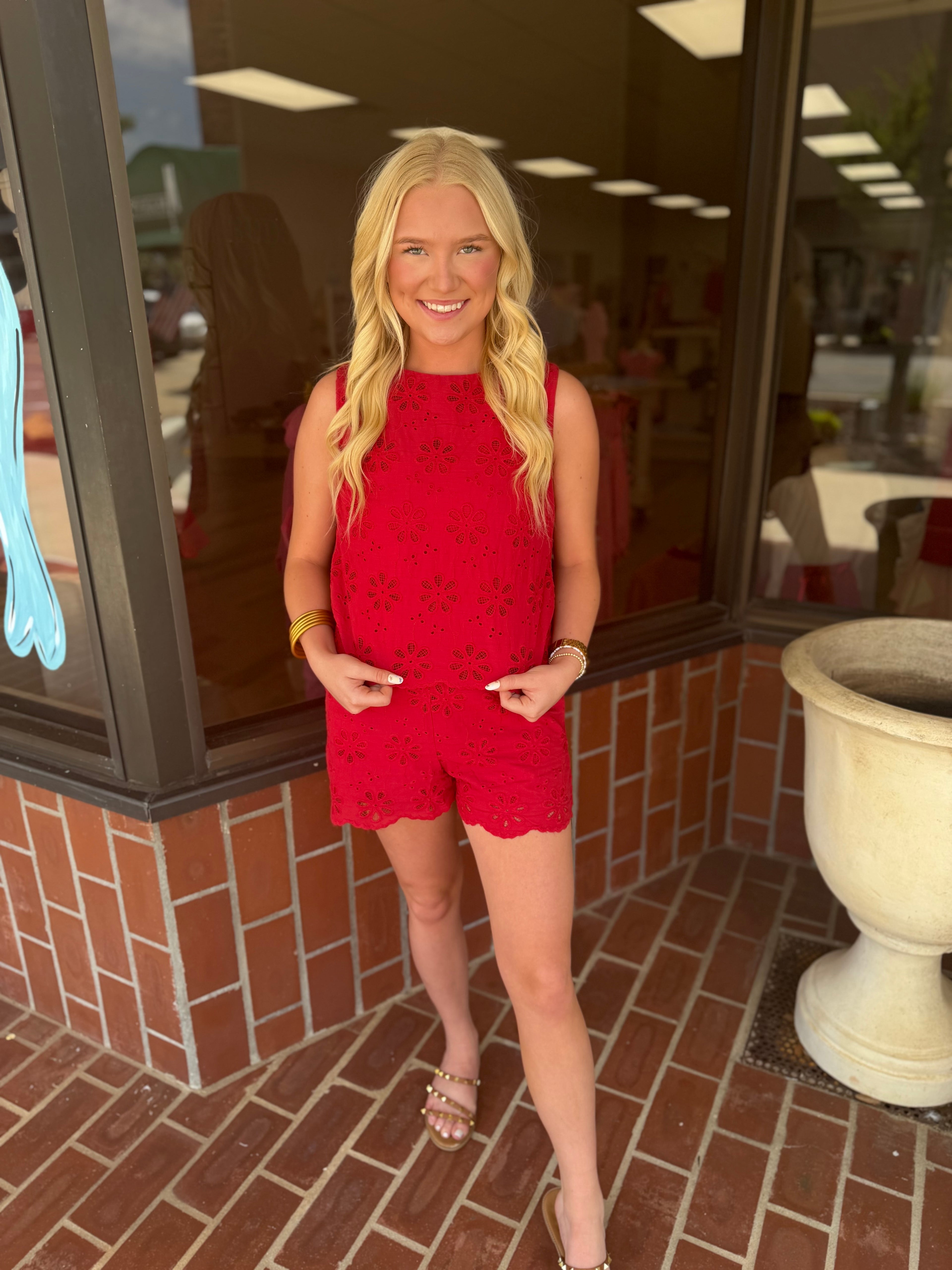 Red Eyelet Top & Shorts Set