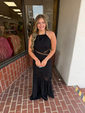 Black Lace Trimmed Halter Neckline Maxi Dress