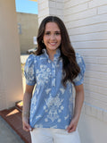 Blue Scalloped Floral Print Blouse