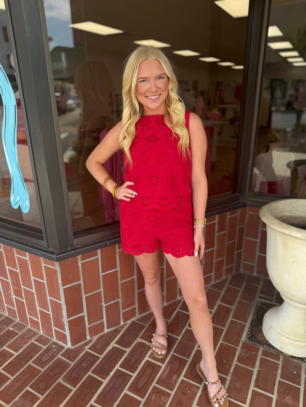 Red Eyelet Top & Shorts Set