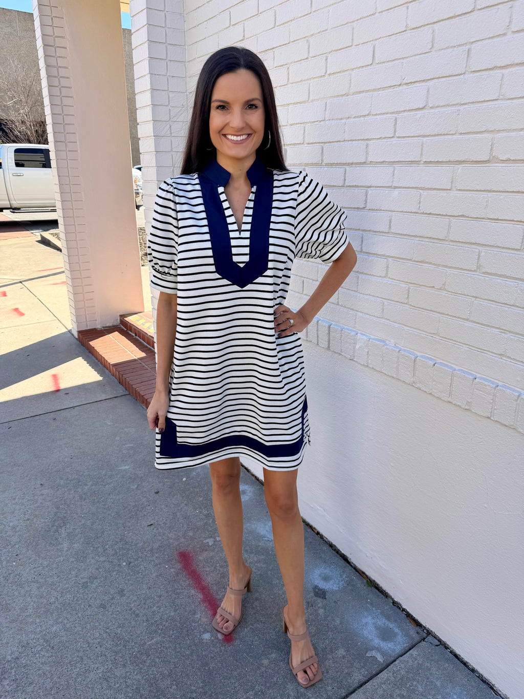 Navy Blue and White Striped Dress