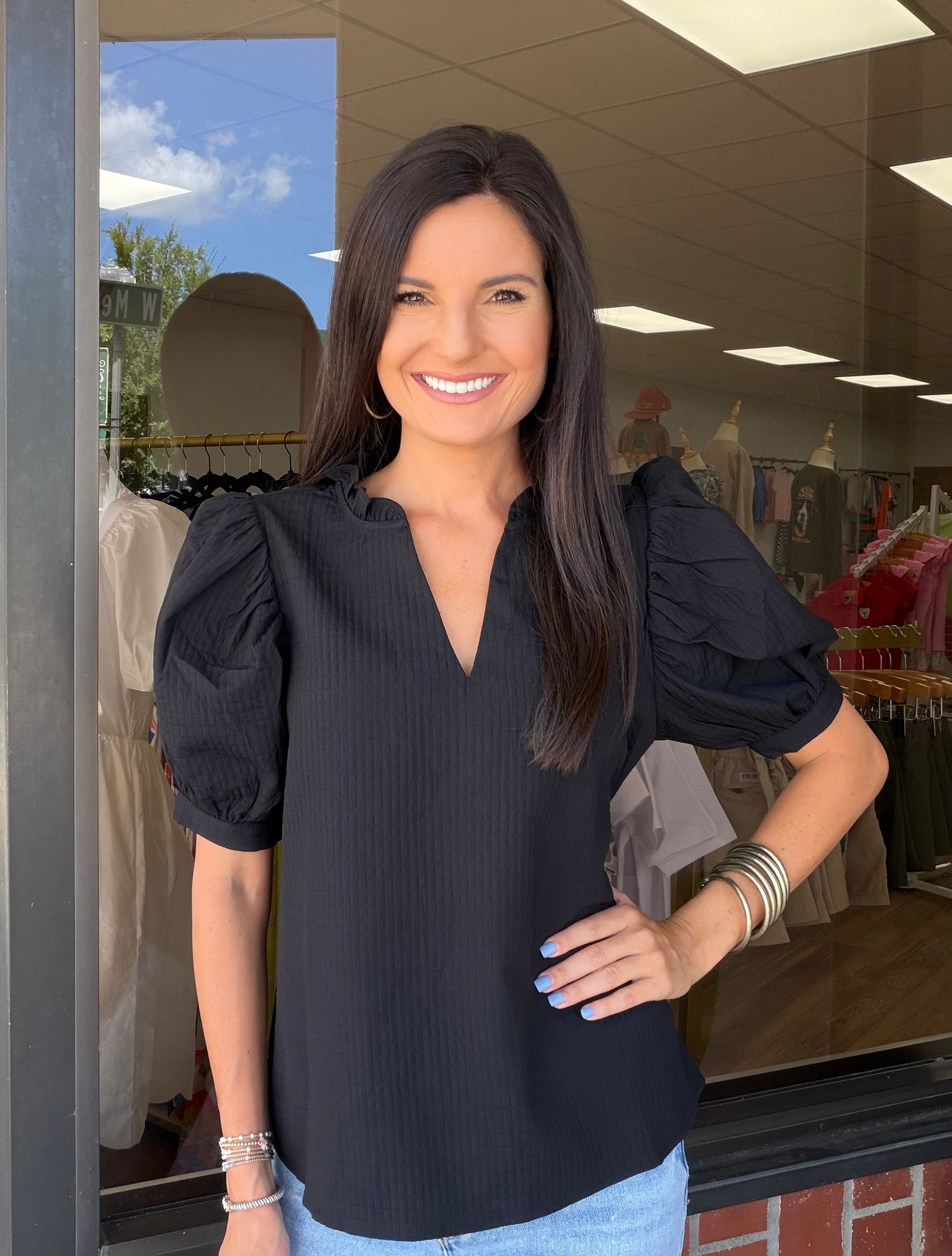 Black V-Neck Textured Top
