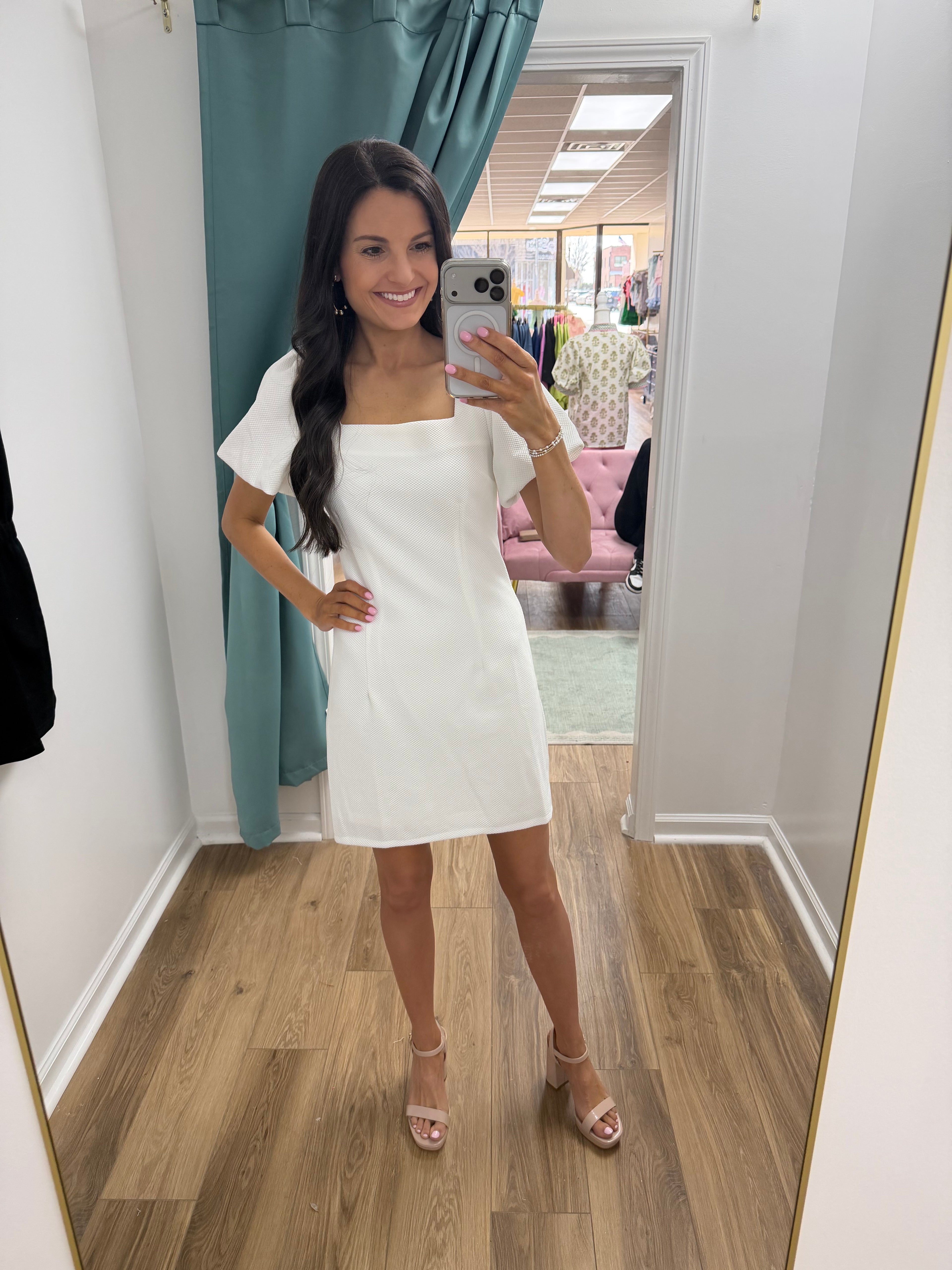Puff Short Sleeve Square Neck Heavy Knit Mini Dress