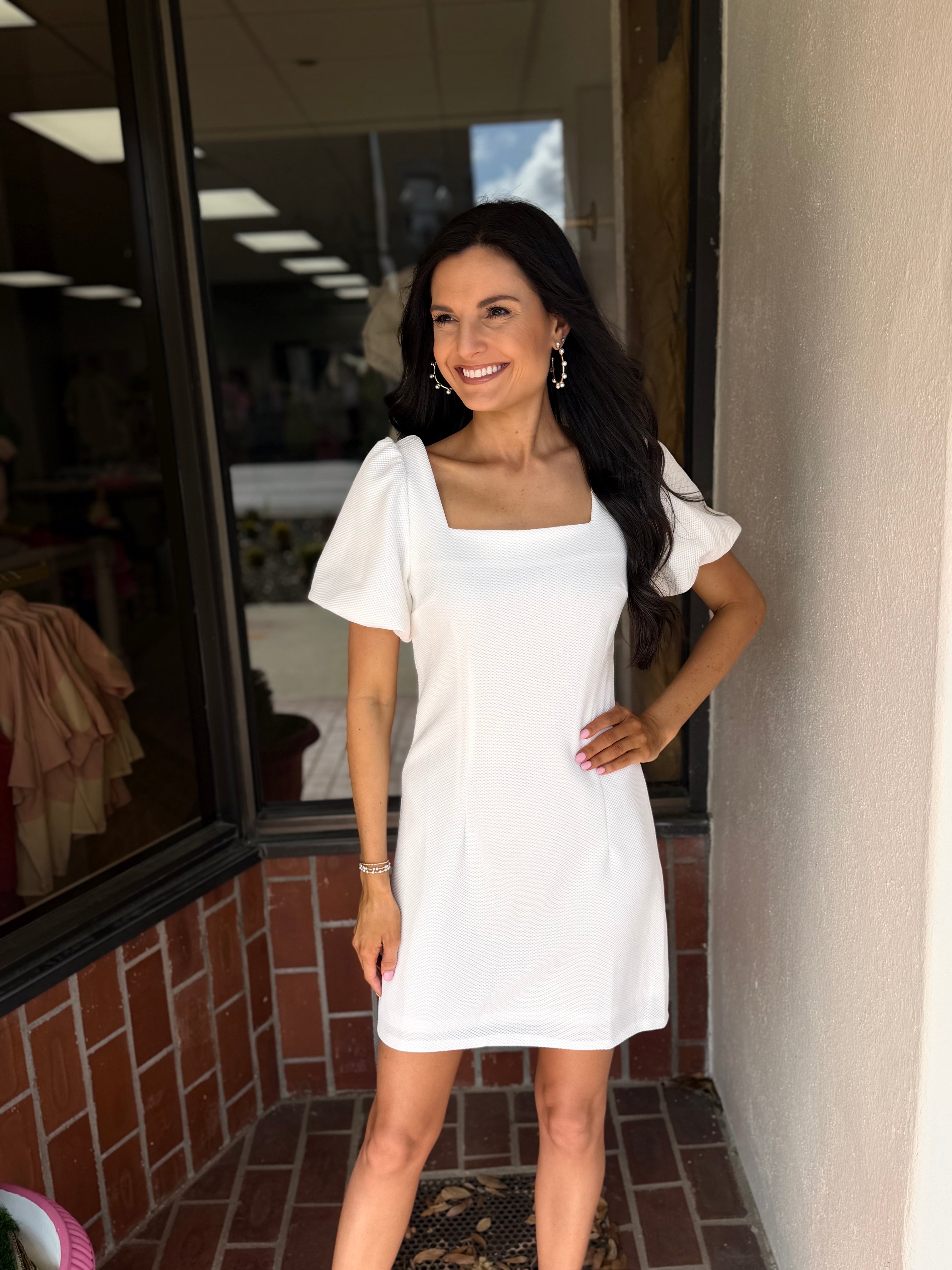 Puff Short Sleeve Square Neck Heavy Knit Mini Dress