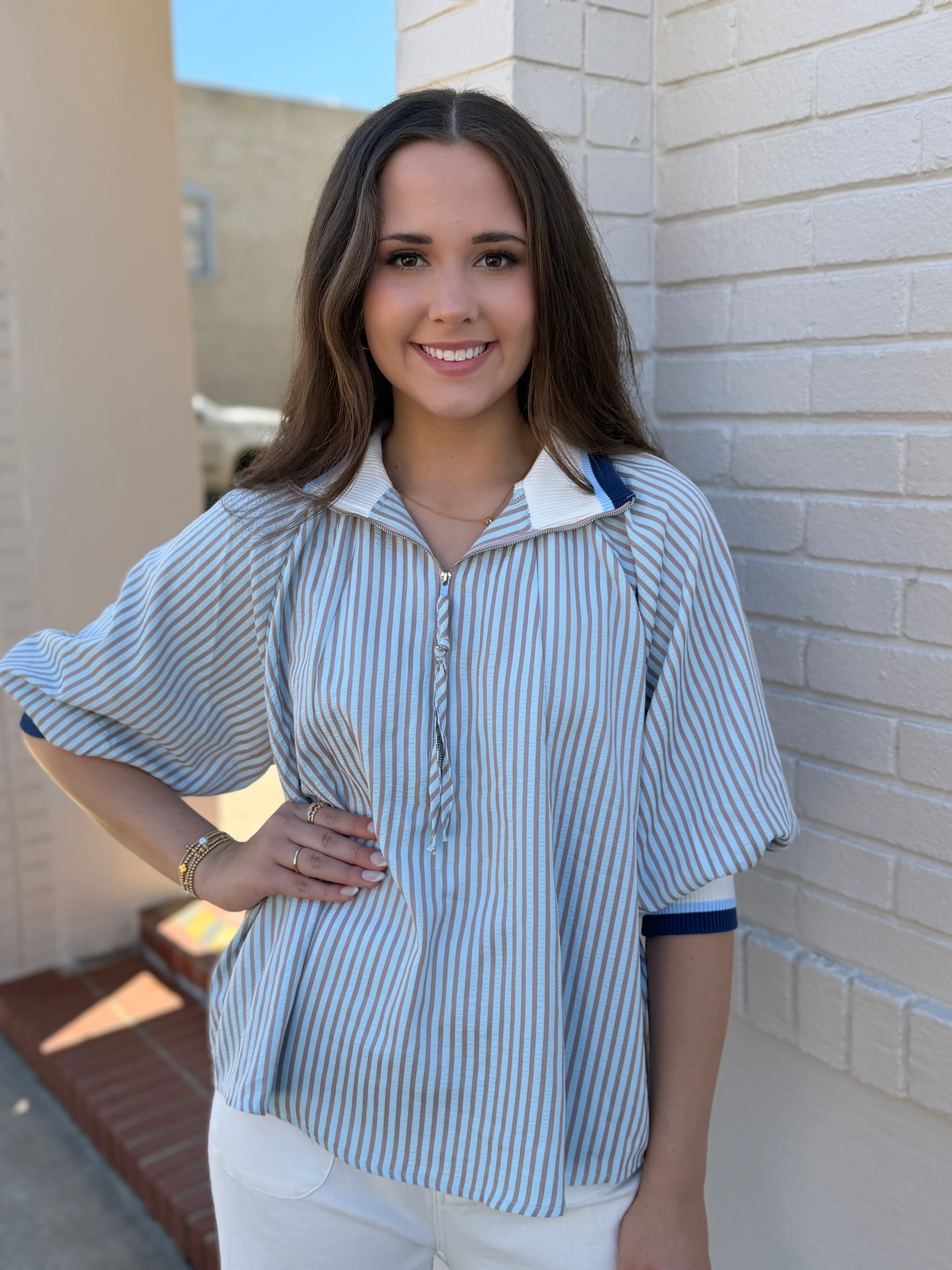 3/4 Sleeve Half Zip Striped Top