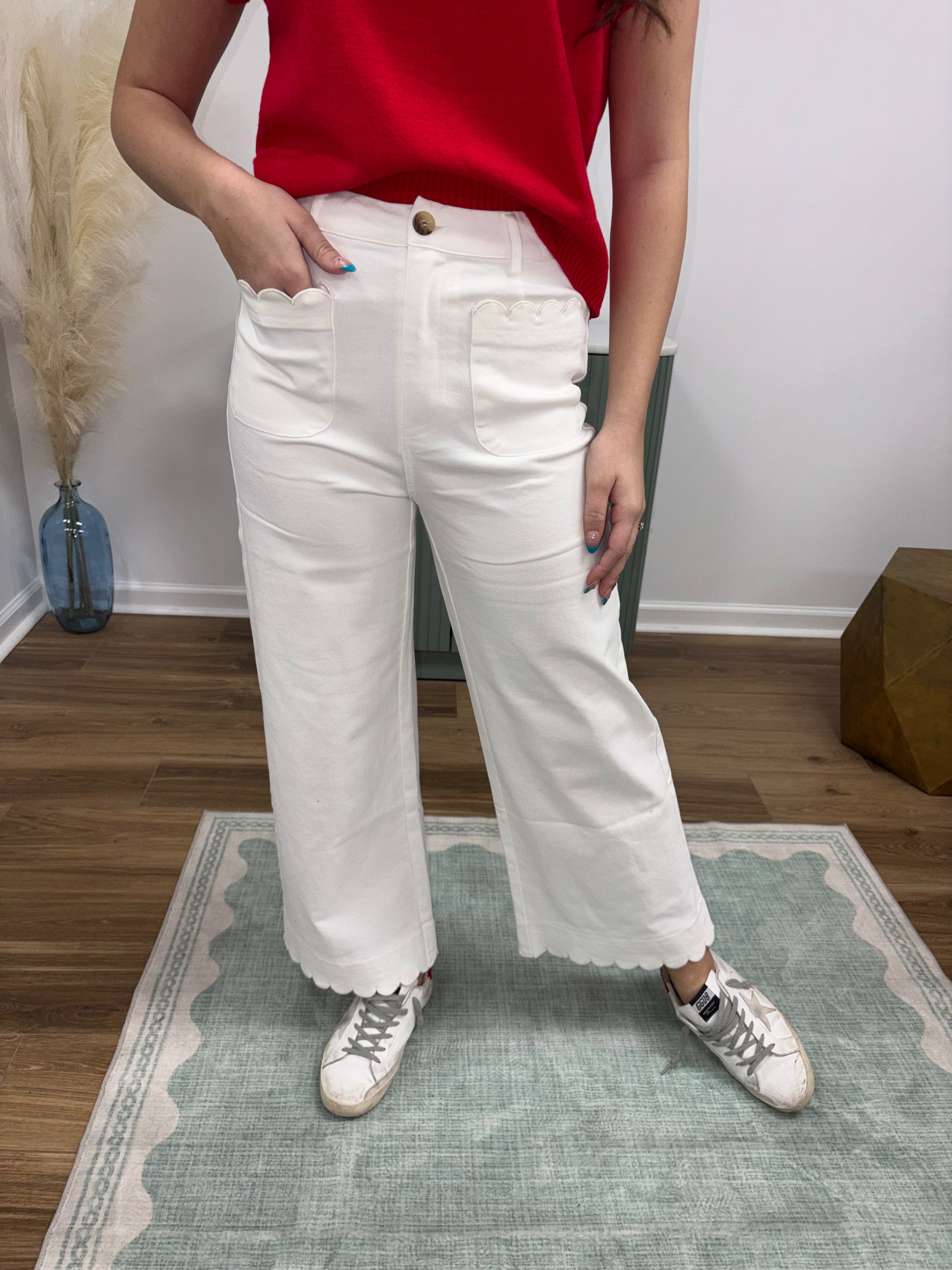 Scalloped Off White Pants