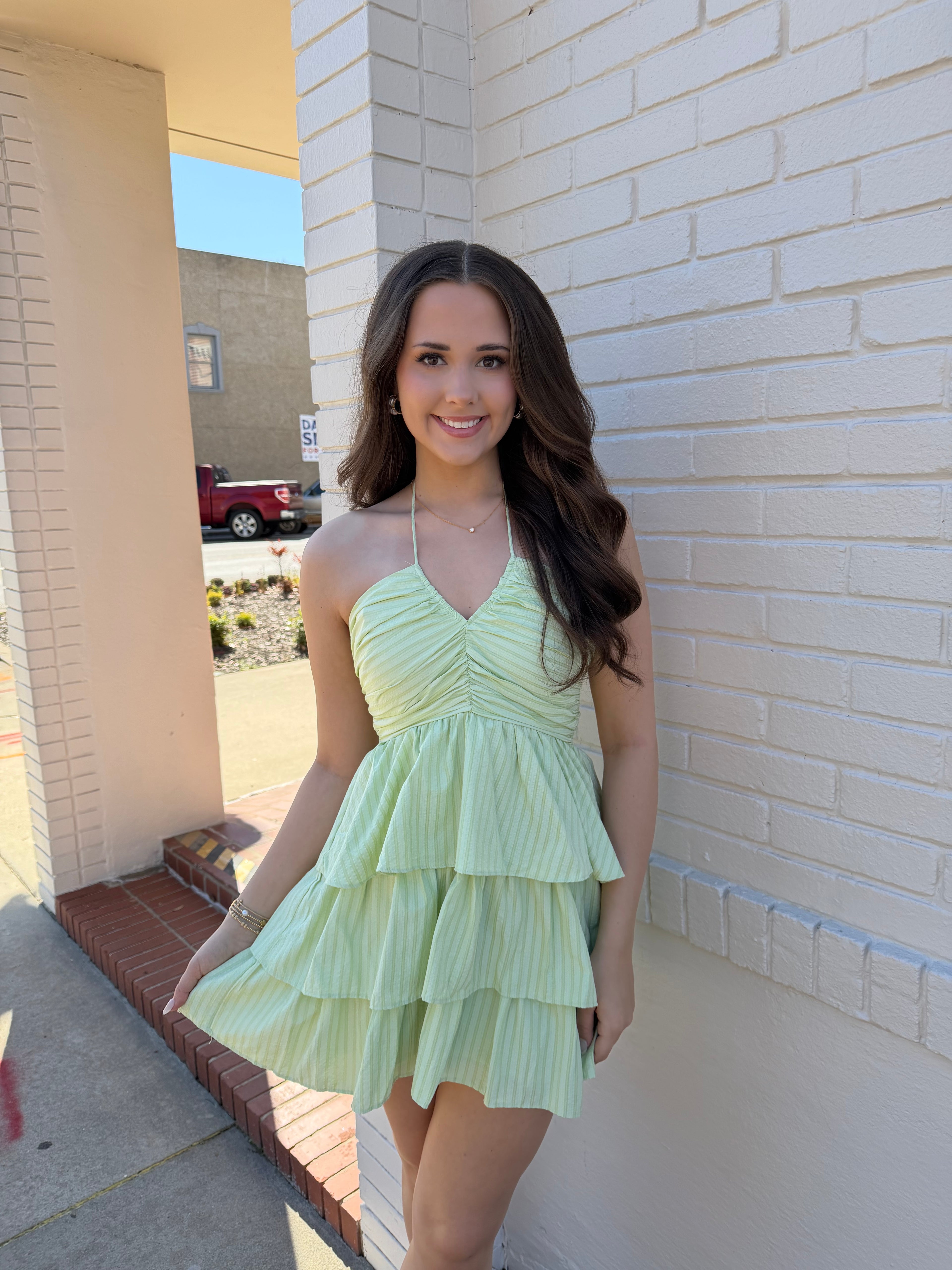 Notched Stripe Ruched Halter Mini Dress