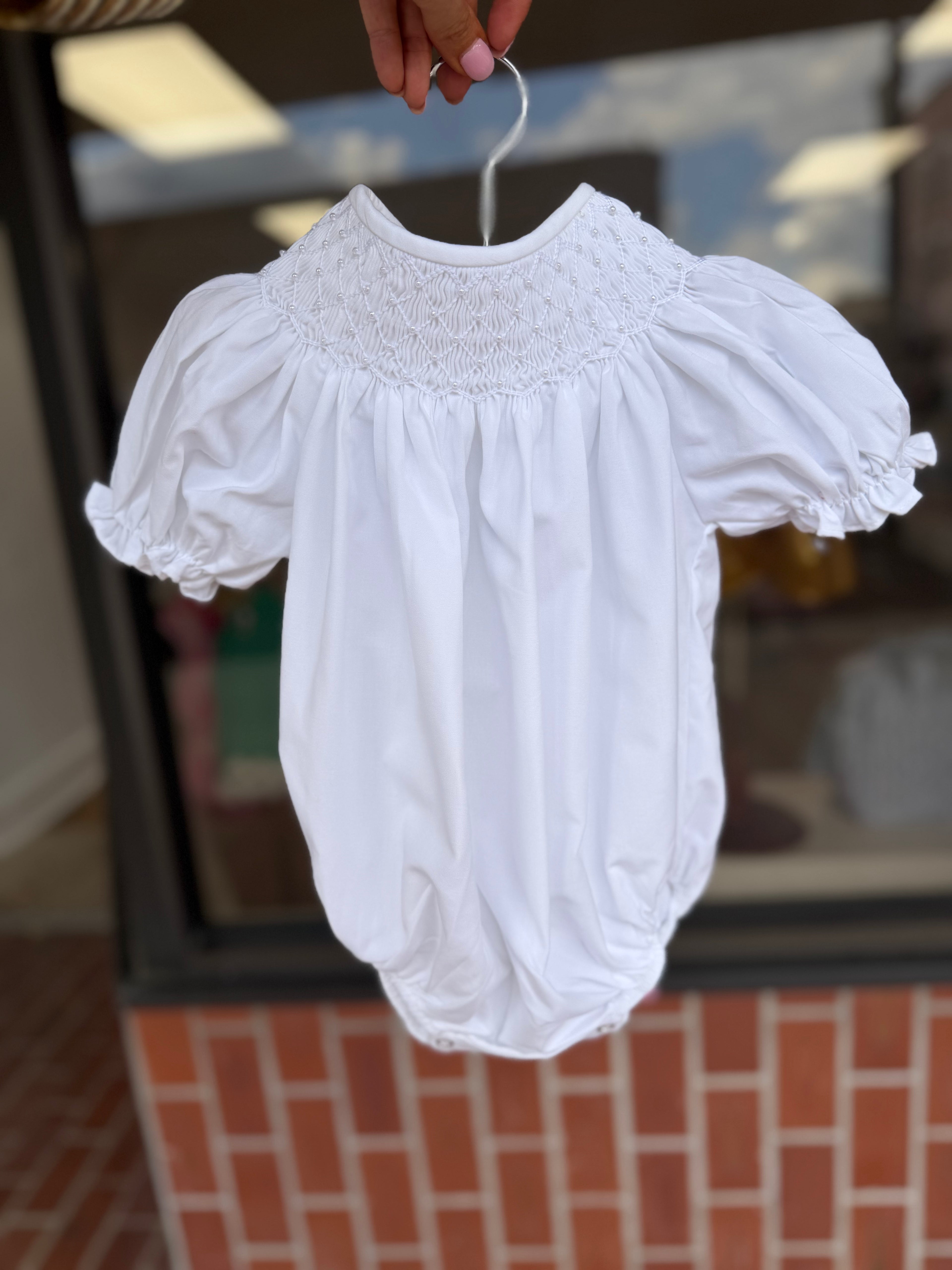 Catherine Pearl White Smocked Bubble
