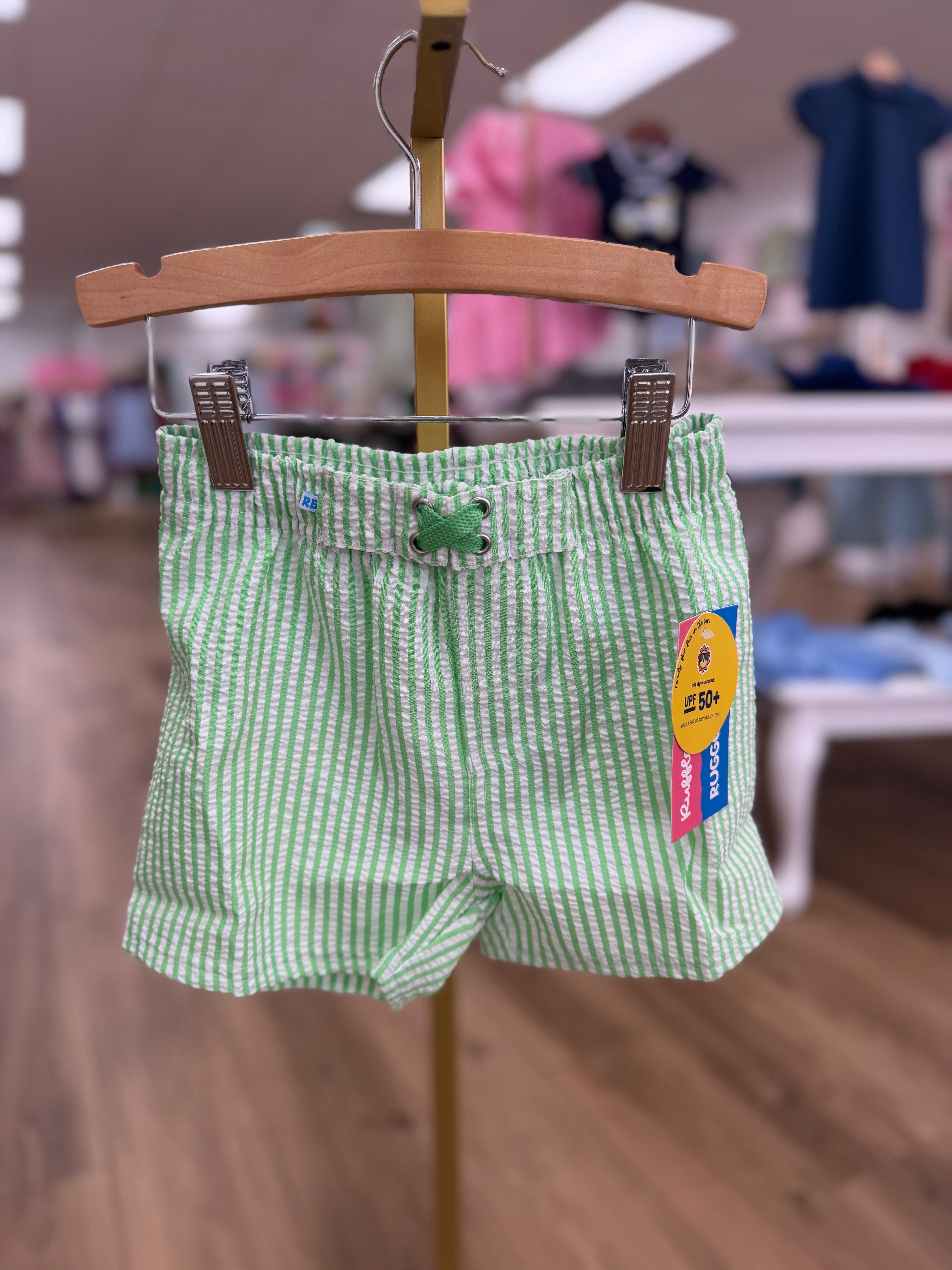 Spring Green Seersucker Swim Trunks