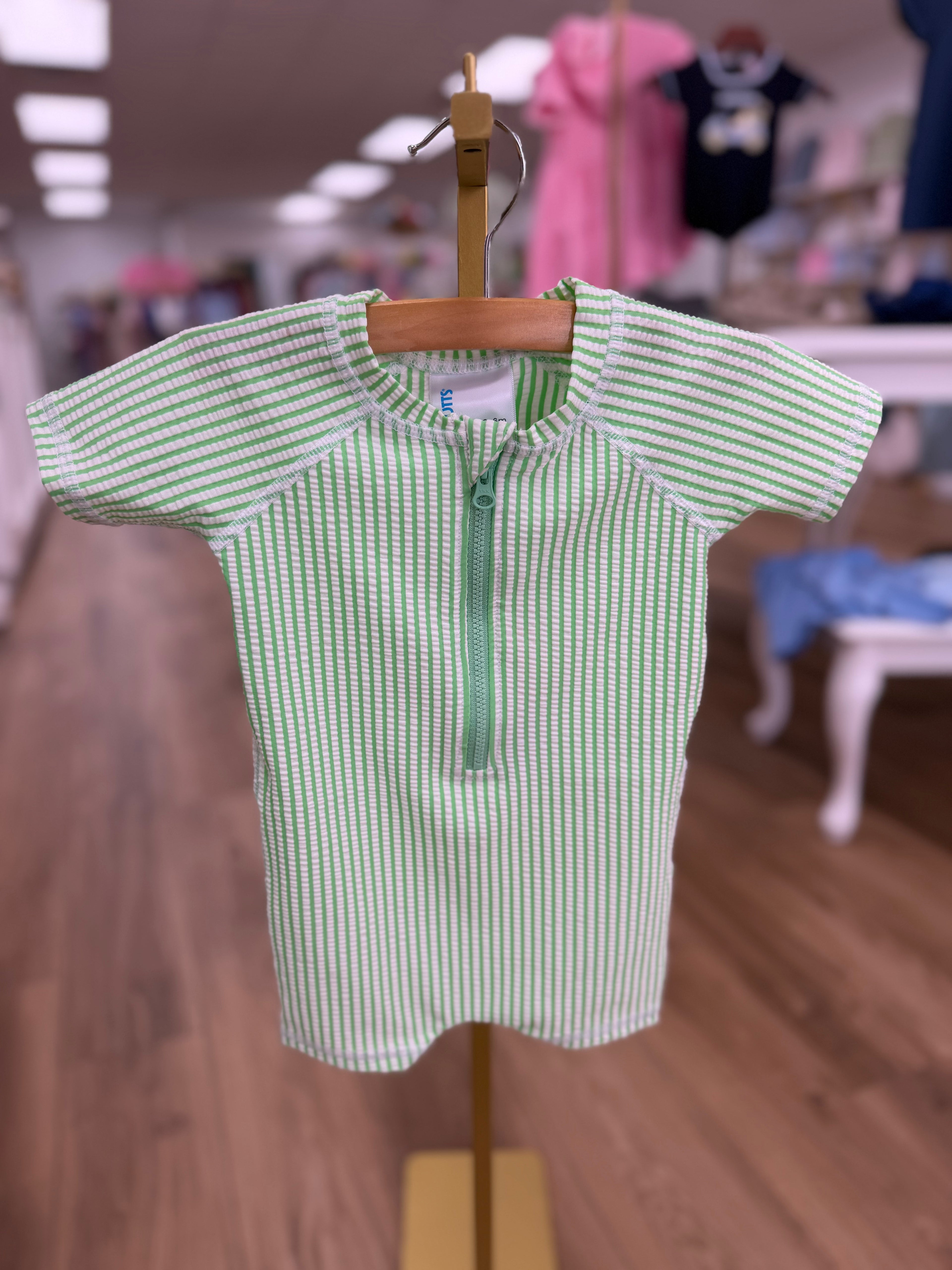 Spring Green Seersucker Short Sleeve One Piece Rash Guard
