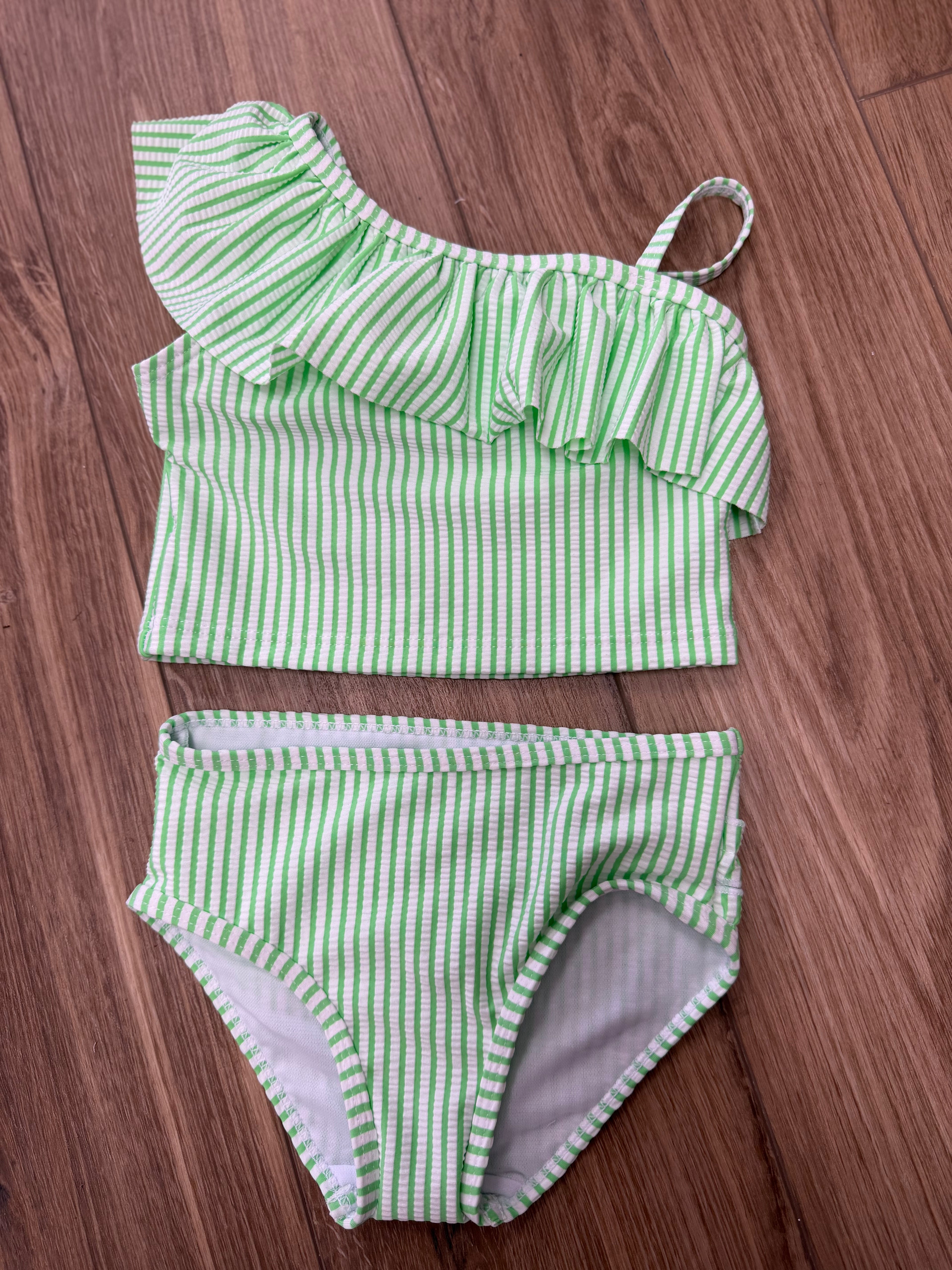 Spring Green Seersucker One Shoulder Ruffle Tankini