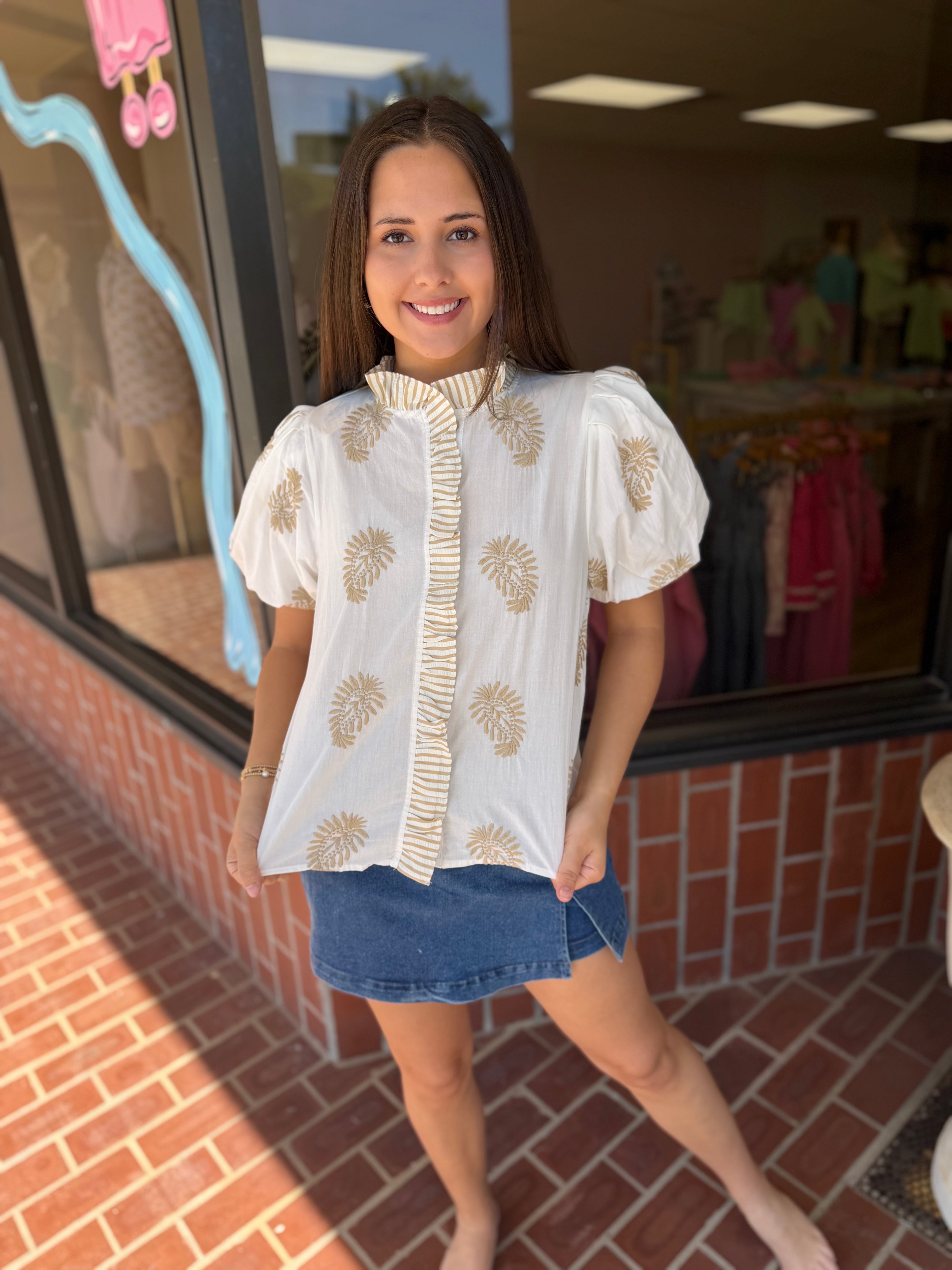 Golden Palm Ruffle Blouse