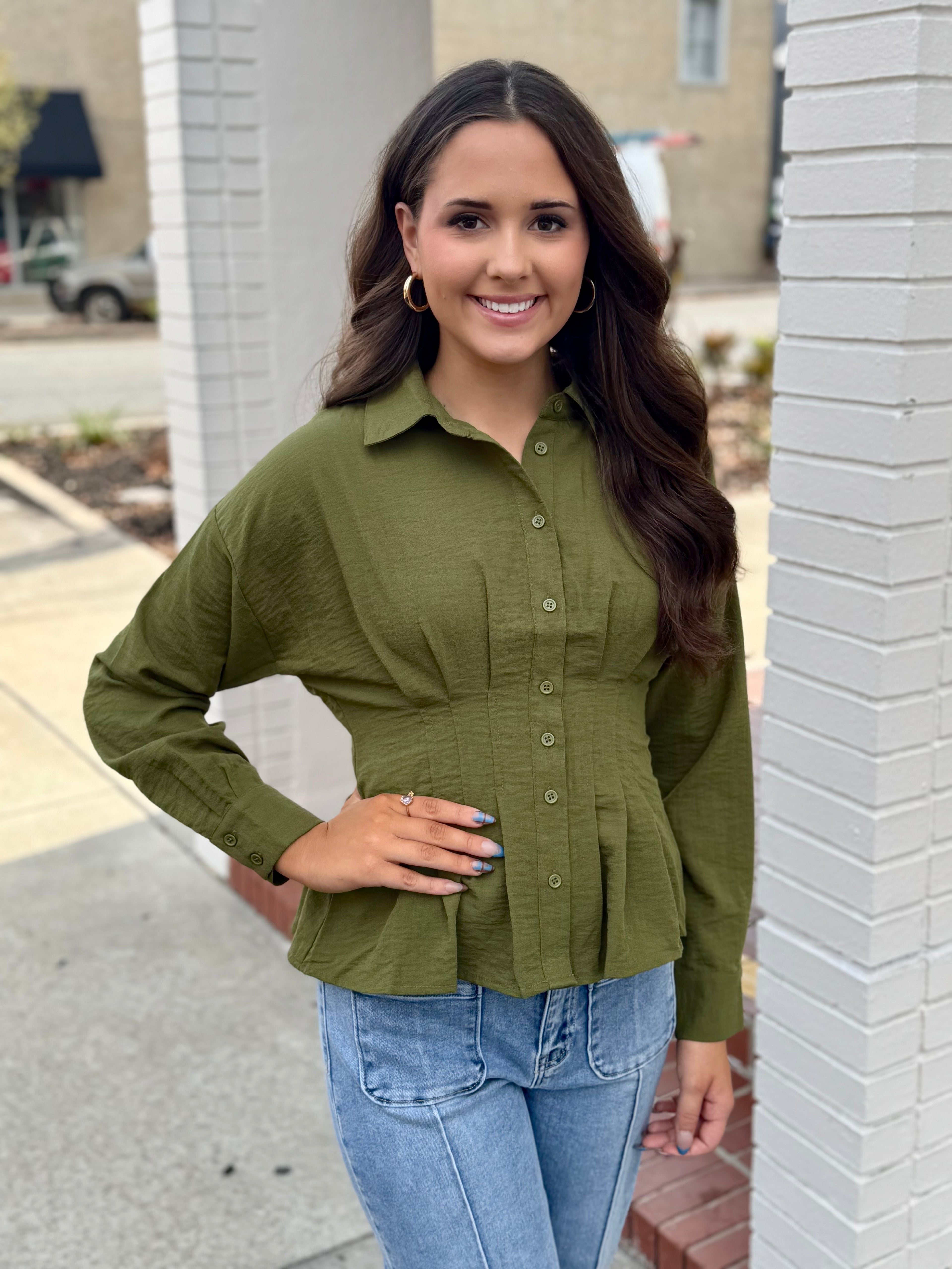 Olive Pleated Top