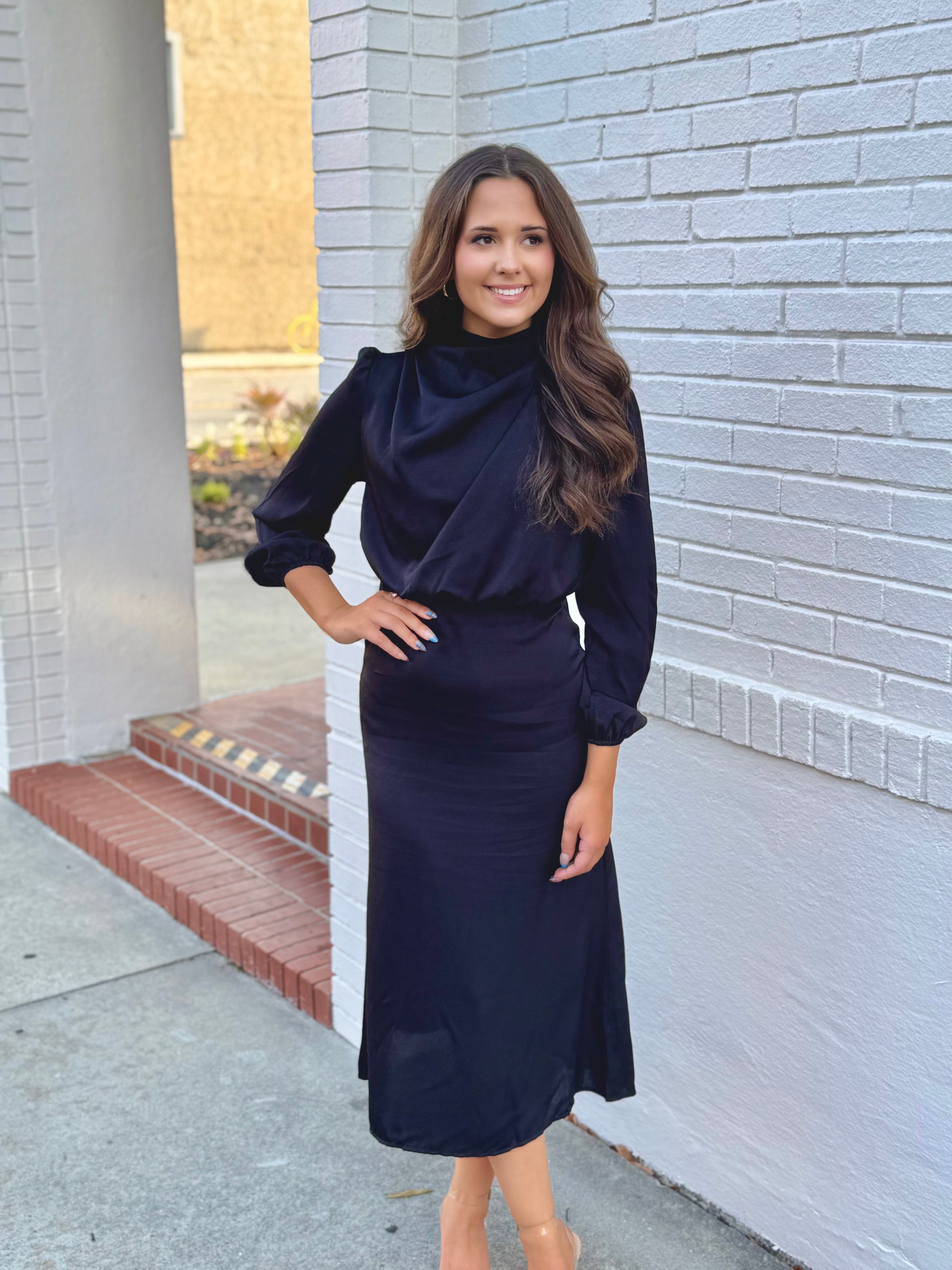 Black Satin Midi Dress