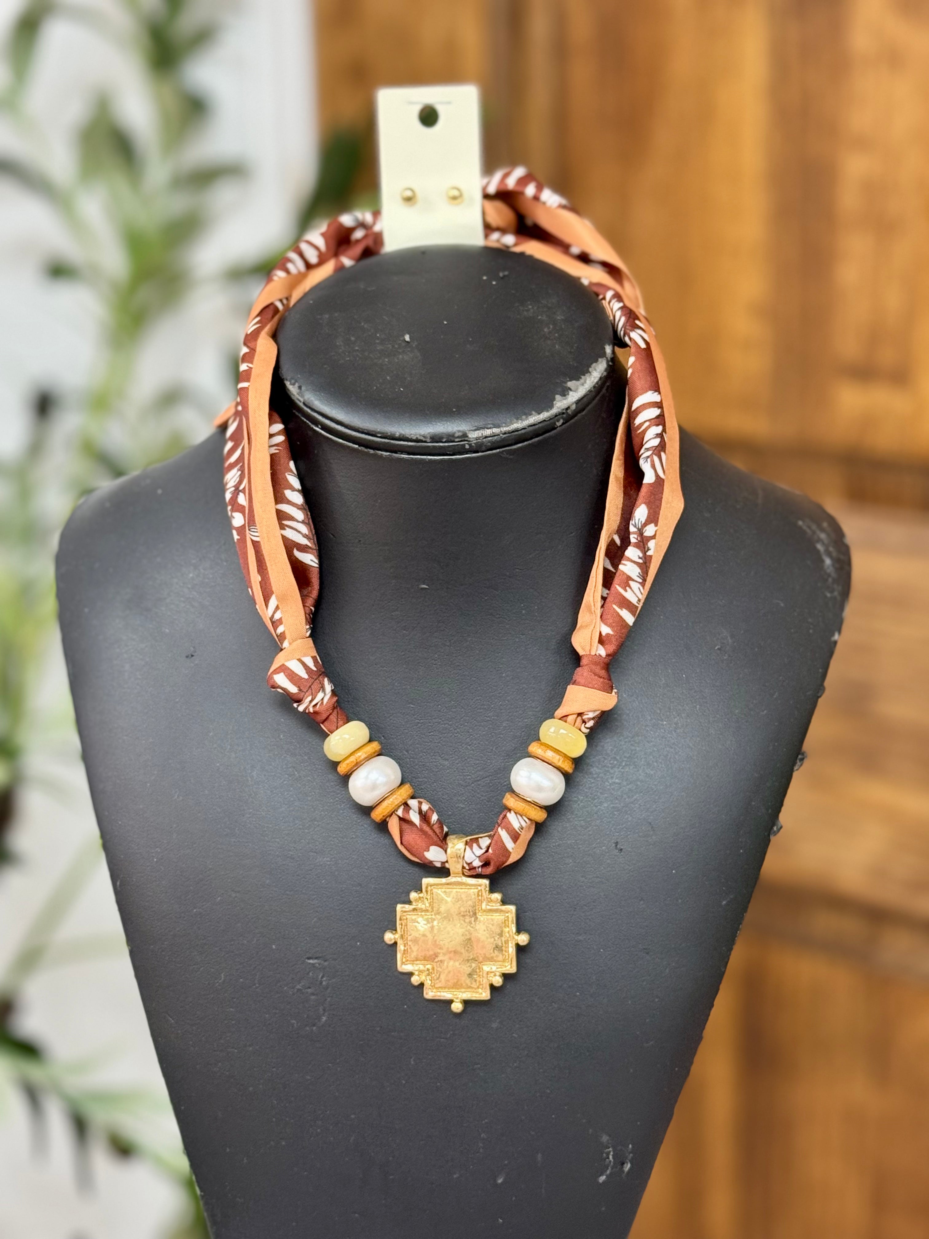 Brown Scarf Necklace- Cross