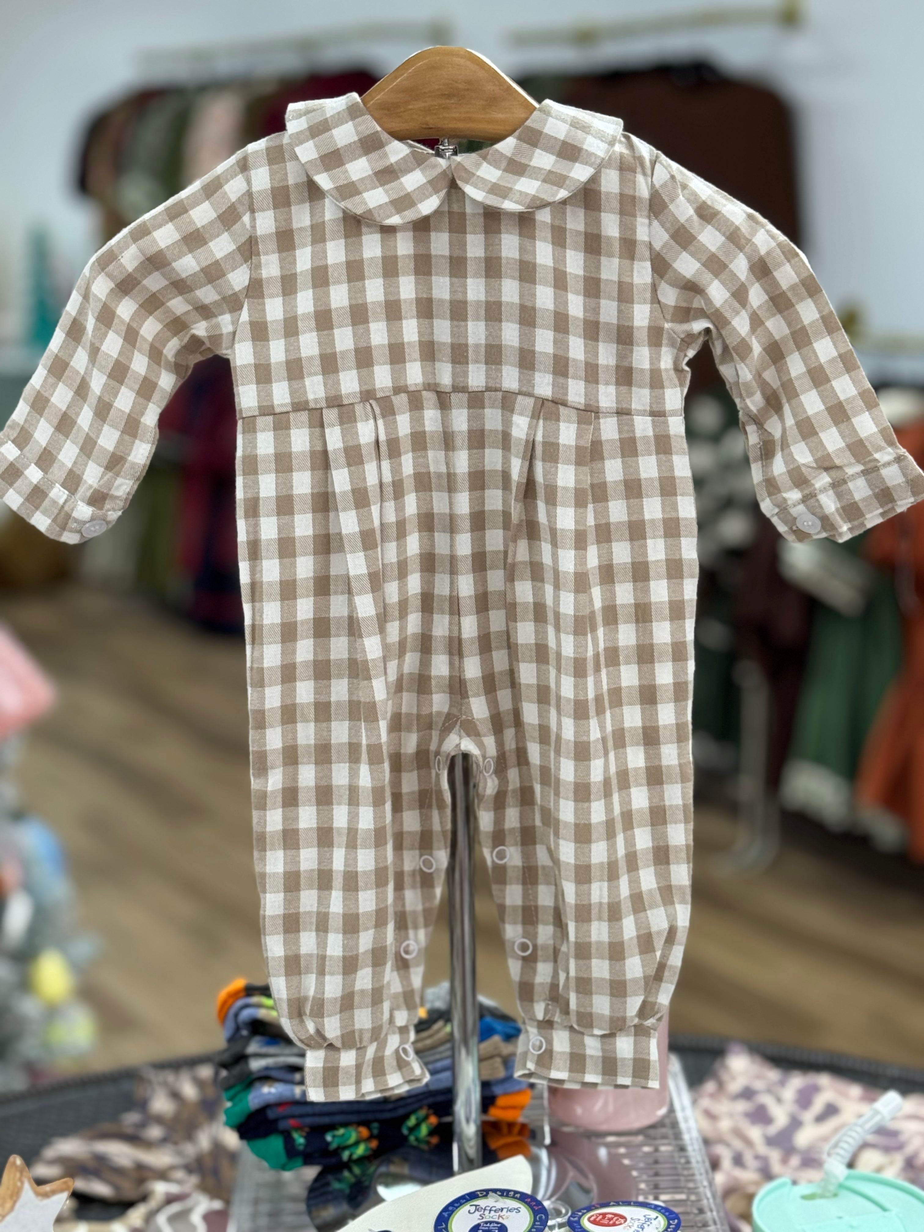 Tan Gingham Long Sleeve Romper