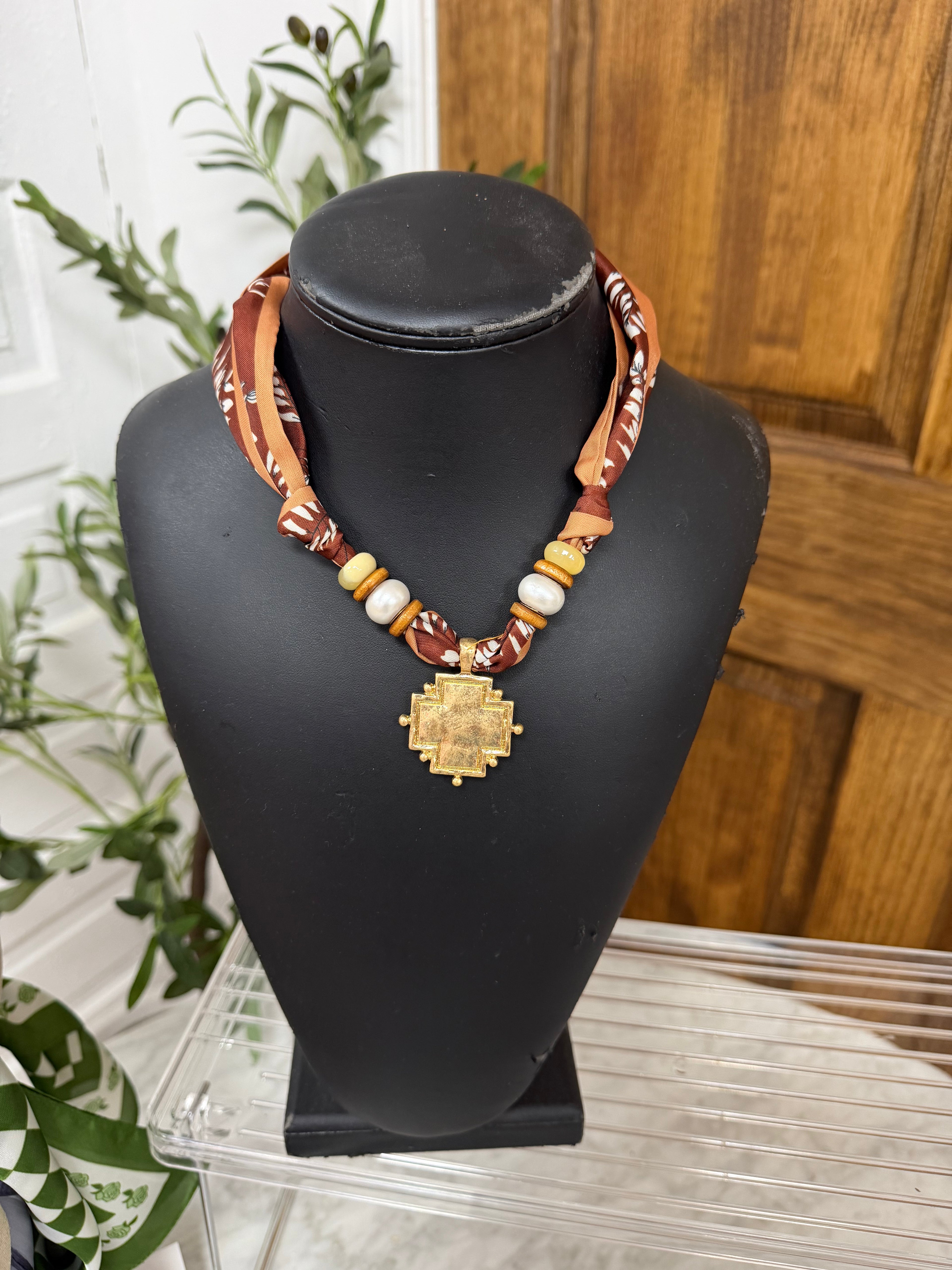 Brown Scarf Necklace- big cross